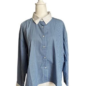 Remi James Collared Striped Button-Up Long Sleeve Shirt Blue Women Size XL NWT